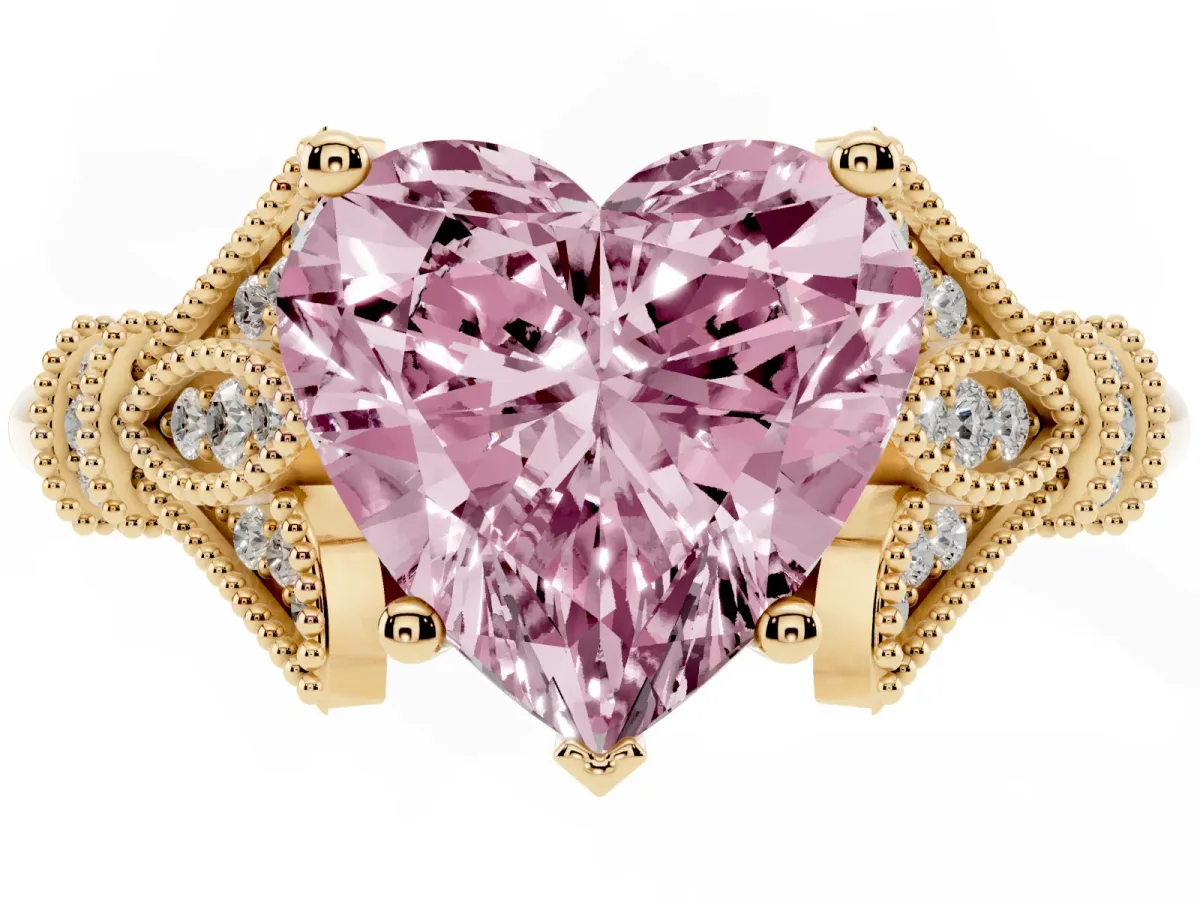 Fancy Pink Heart Cut Diamond Solitaire Ring with Floral Filigree and Pave Accents Yellow gold