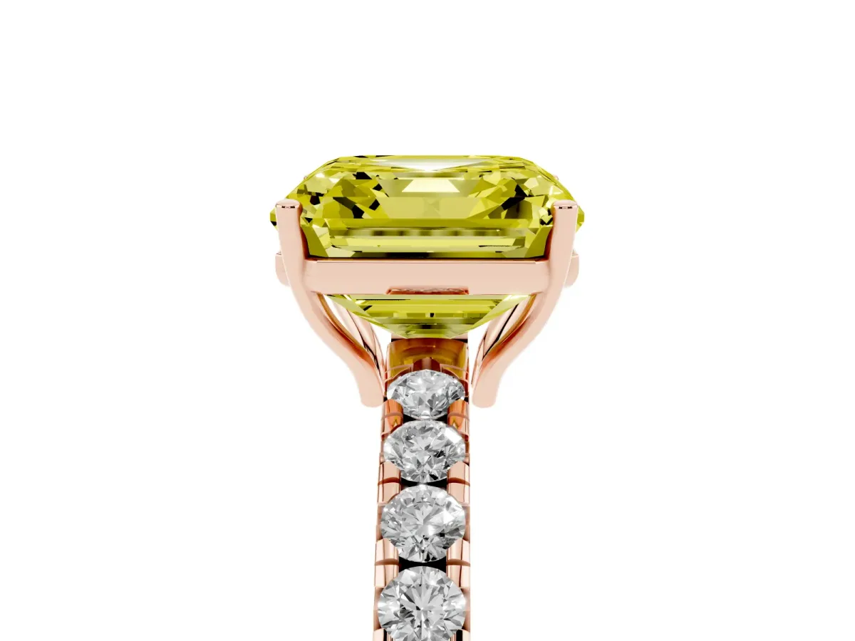 Fancy Yellow Asscher Cut Diamond Pavé Solitaire Engagement Ring with Four-Prong Setting Rose gold
