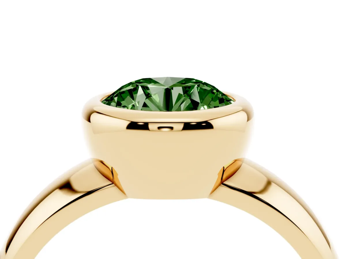 Fancy Green Bezel Set Round Cut Solitaire Ring with Wide Band Yellow gold
