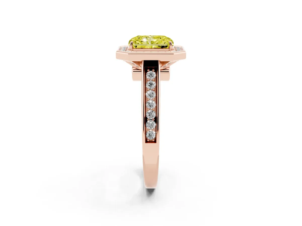 Fancy Yellow Radiant Cut Halo Solitaire Diamond Ring with Pave Band and Bezel Setting Rose gold
