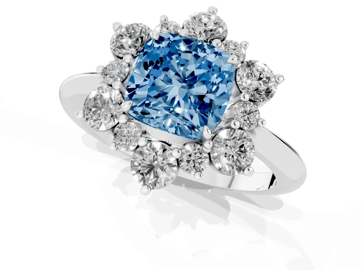 Fancy Blue Cushion Cut Diamond Cluster Halo Ring with Solitaire Band and Four-Prong Setting Silver