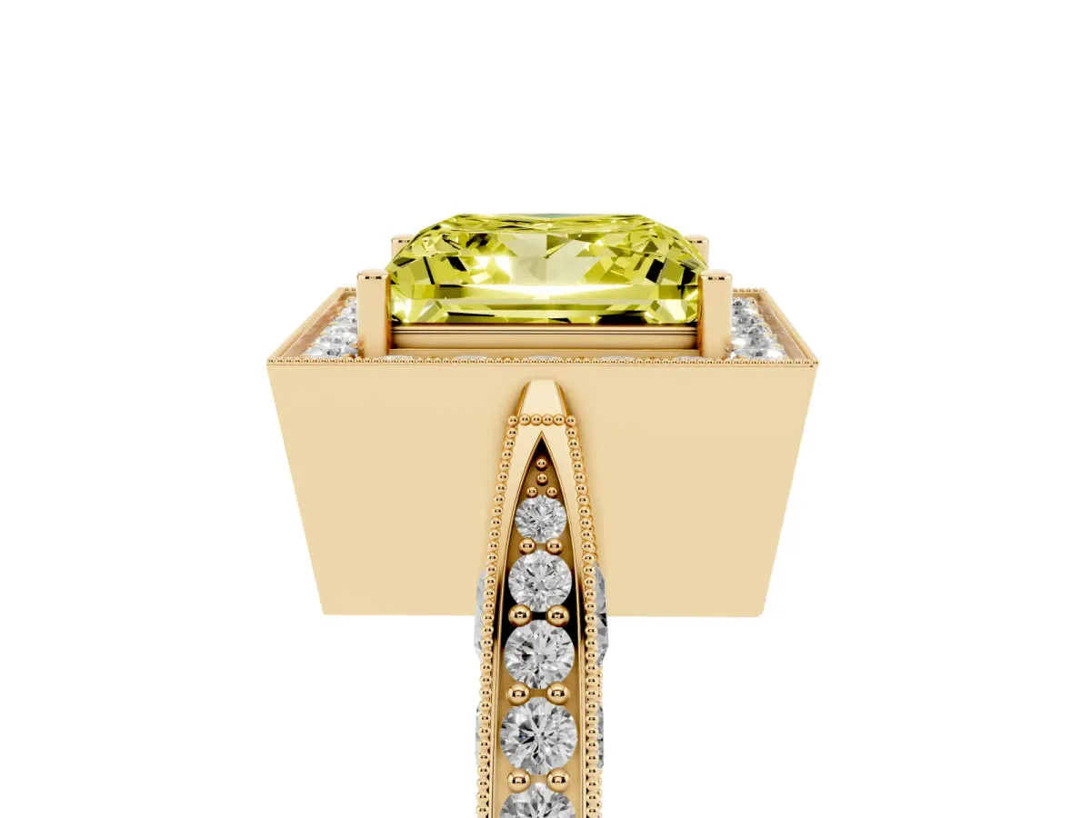 Fancy Yellow Princess Cut Halo Diamond Engagement Ring with Split Shank Band and Four-Prong Setting Yellow gold