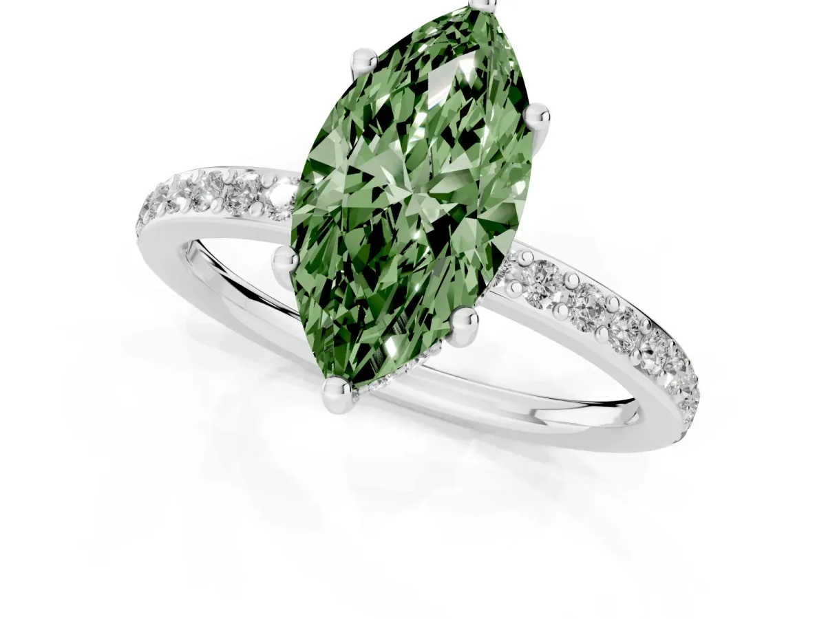 Fancy Green Marquise Cut Cut Diamond Pavé Band Ring with Four-Prong Setting Silver