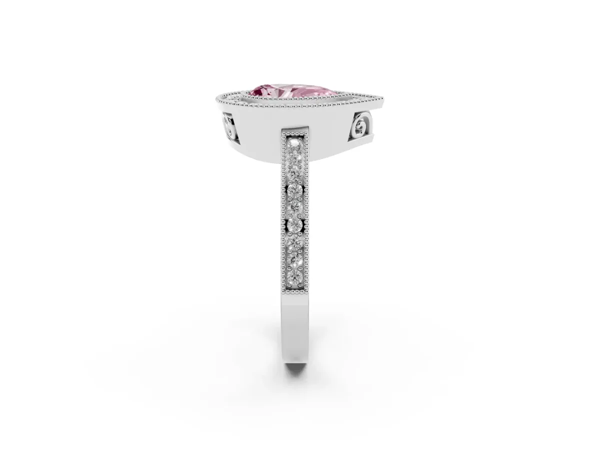 Fancy Pink Pear Cut Cut Halo Diamond Ring with Pavé Band and Milgrain Prong Setting Platinum