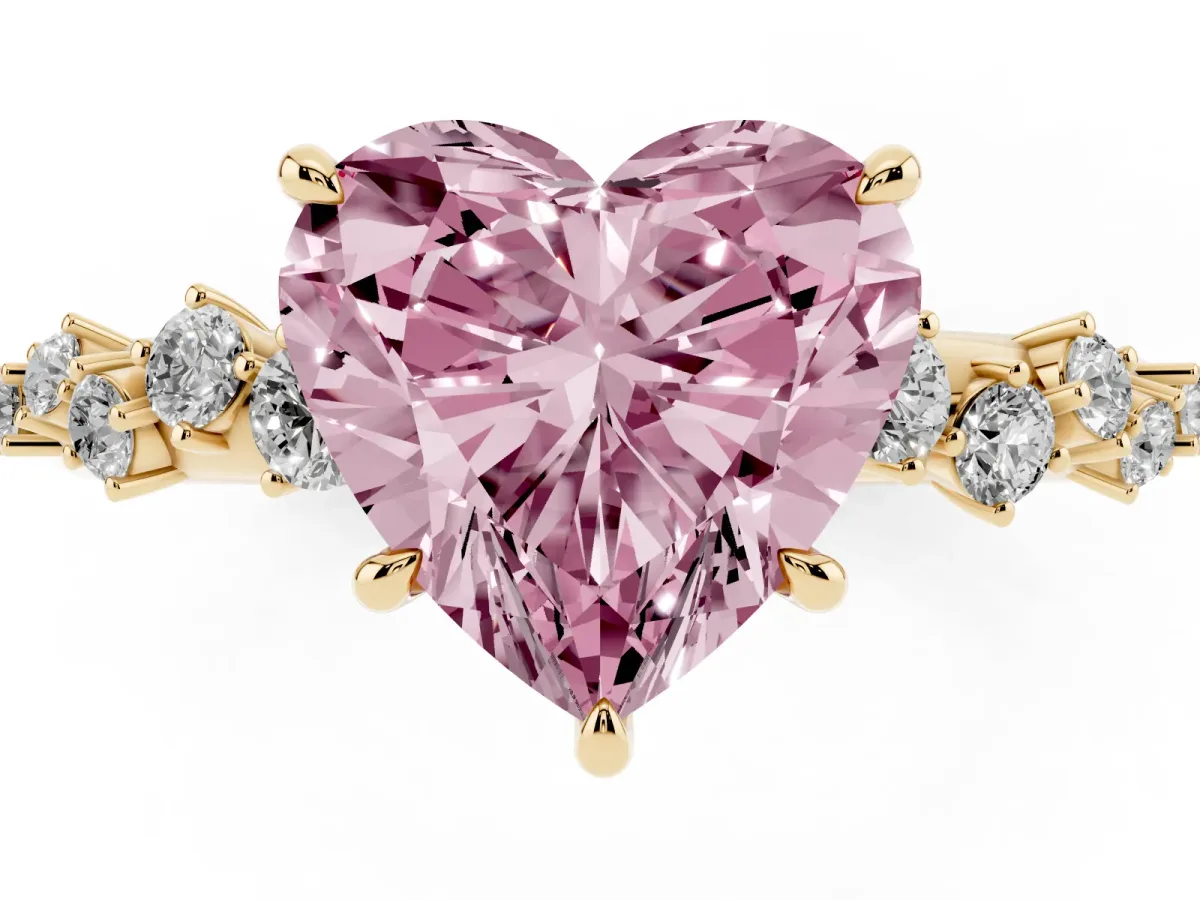Fancy Pink Heart Cut Diamond Cluster Side Stone Solitaire Ring with Prong Setting Yellow gold