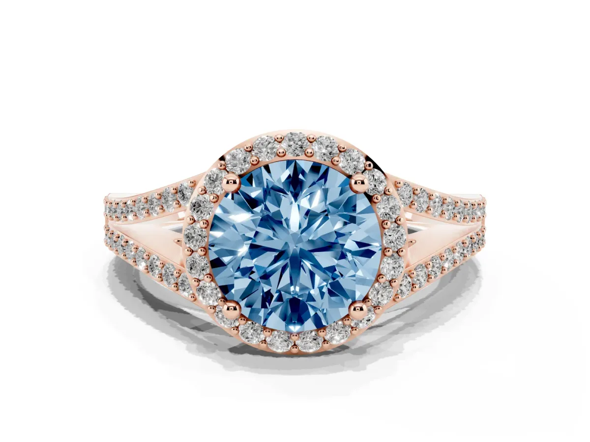 Fancy Blue Round Cut Halo Split Shank Diamond Ring with Prong Setting Rose gold