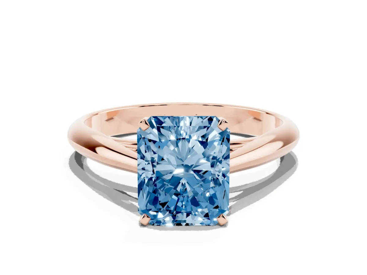 Fancy Blue Radiant Cut Diamond Solitaire Engagement Ring with Cathedral Setting and Four-Prong Mount Rose gold