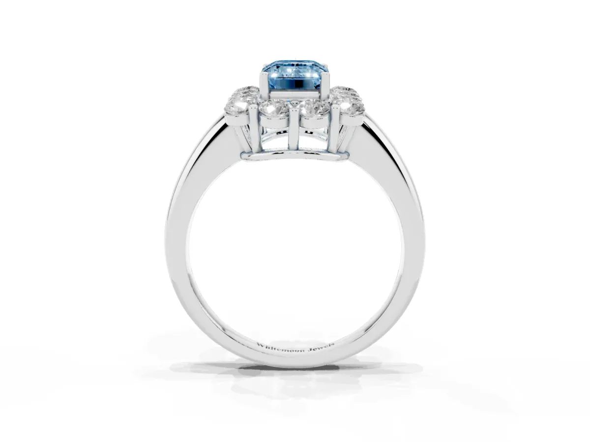Fancy Blue Emerald Cut Halo Cluster Diamond Engagement Ring with Prong Setting and Polished Band Silver