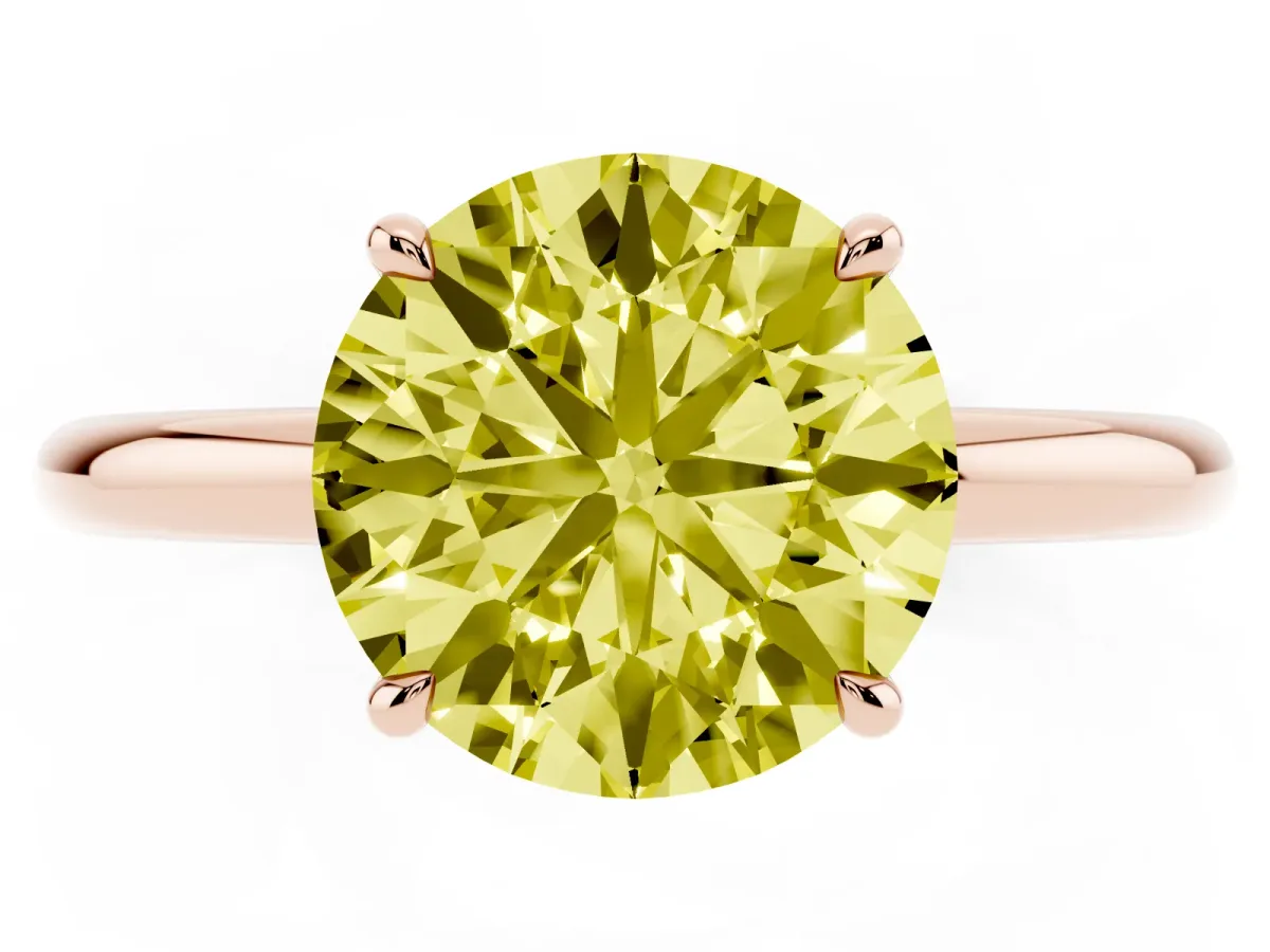Fancy Yellow Round Cut Diamond Solitaire Ring with Thin Band and Four-Prong Setting Rose gold