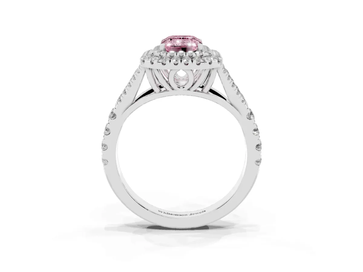 Fancy Pink Emerald Cut Diamond Pavé Split Shank Double Halo Engagement Ring Platinum