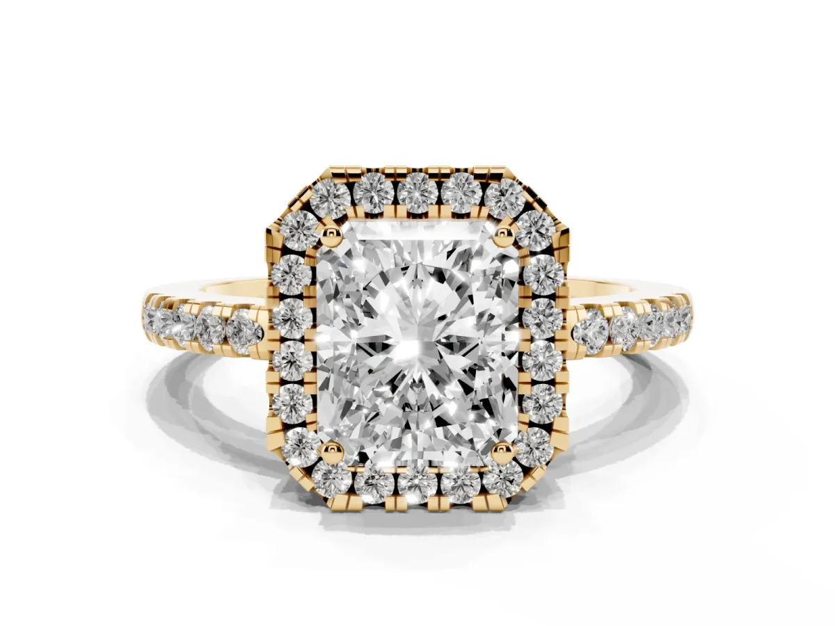 Radiant Cut Halo Diamond Engagement Ring with Pavé Band and Four-Prong Setting Yellow gold