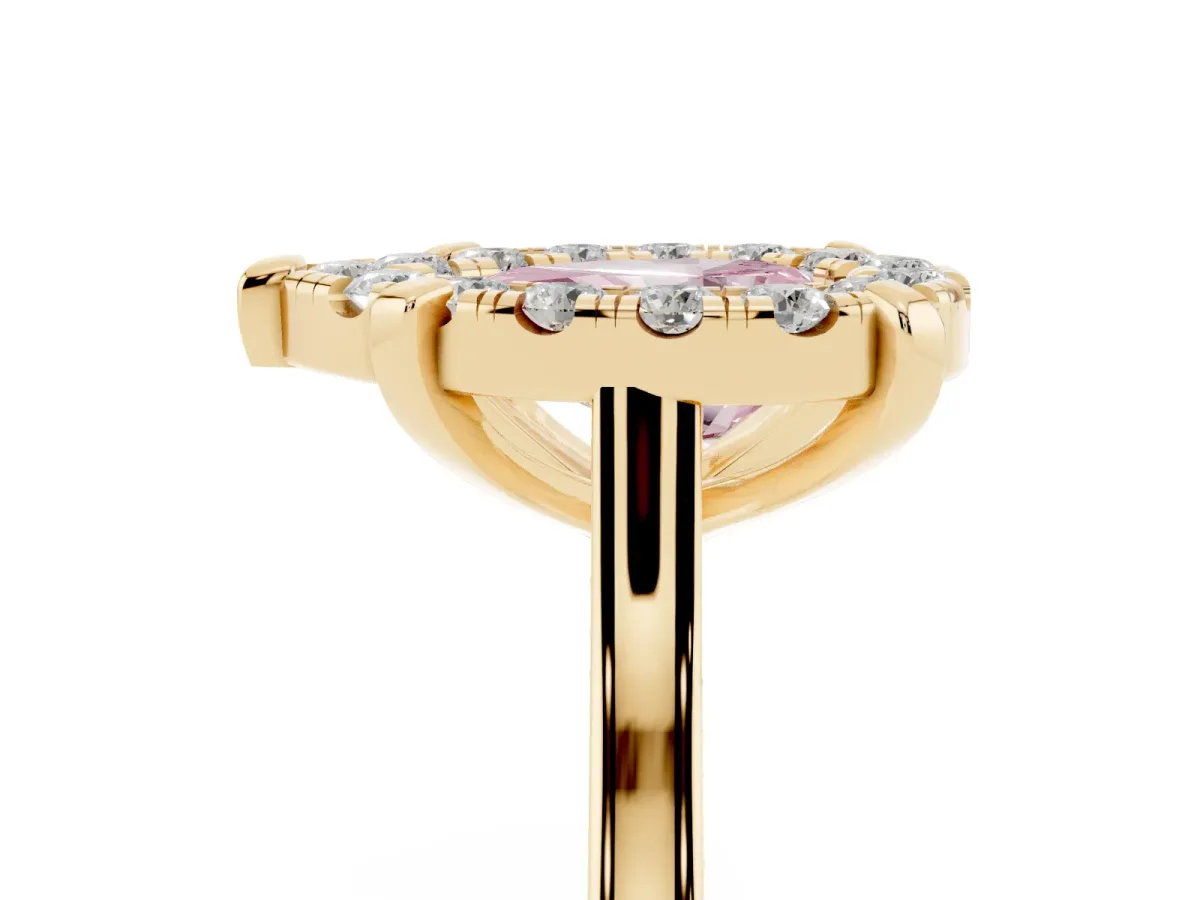 Fancy Pink Pear Cut Diamond Cluster Halo Solitaire with Four-Prong Setting Yellow gold