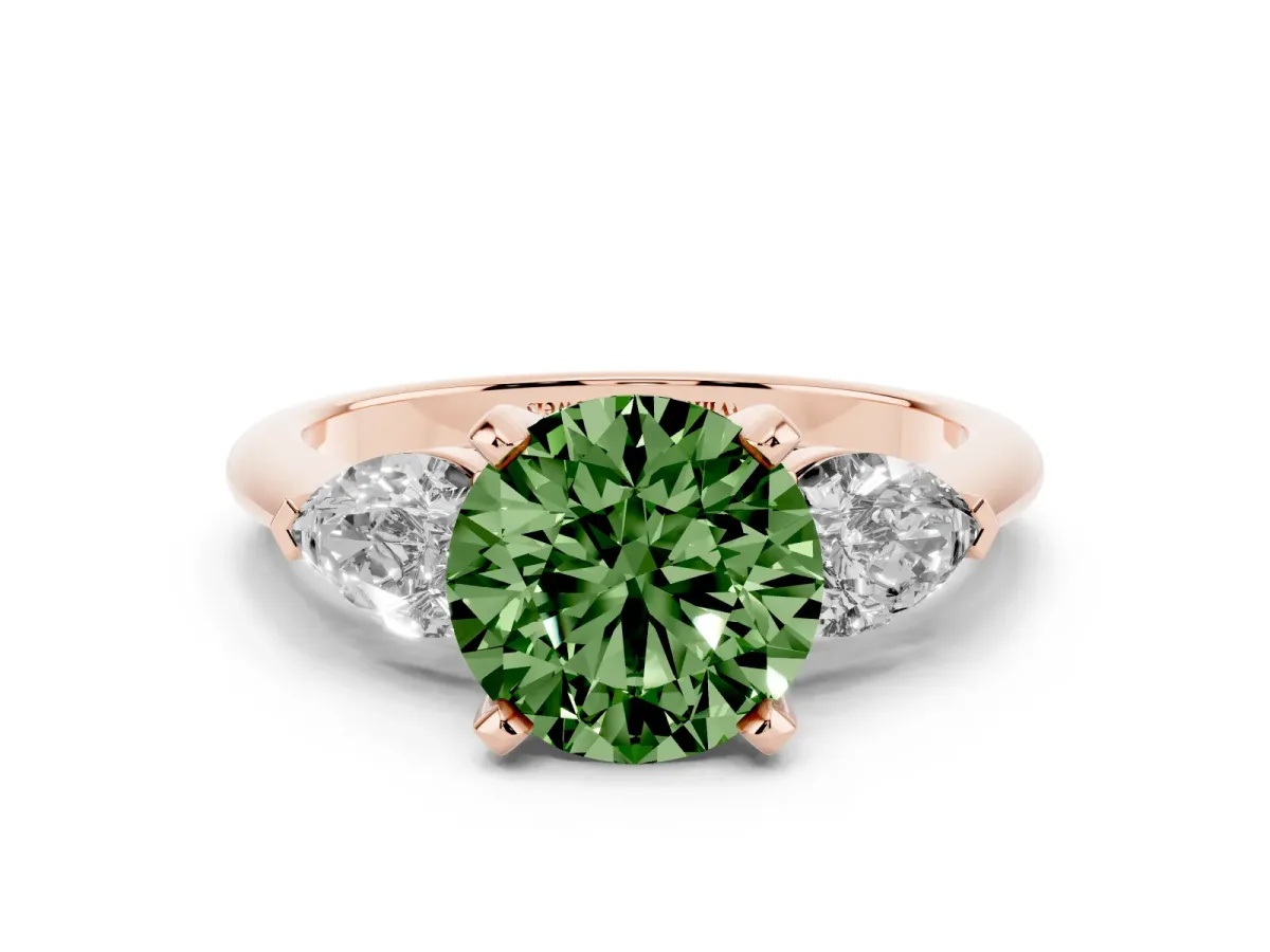 Fancy Green Three-Stone Round Cut Diamond Ring with Pear Side Stones and Four-Prong Setting Rose gold