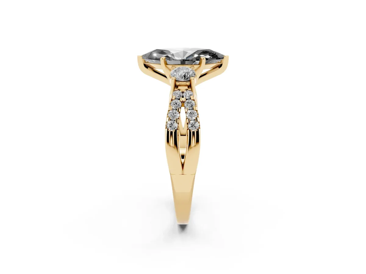 Fancy Black Marquise Cut Diamond Three-Stone Ring with Pavé Split Shank and Four-Prong Setting Yellow gold