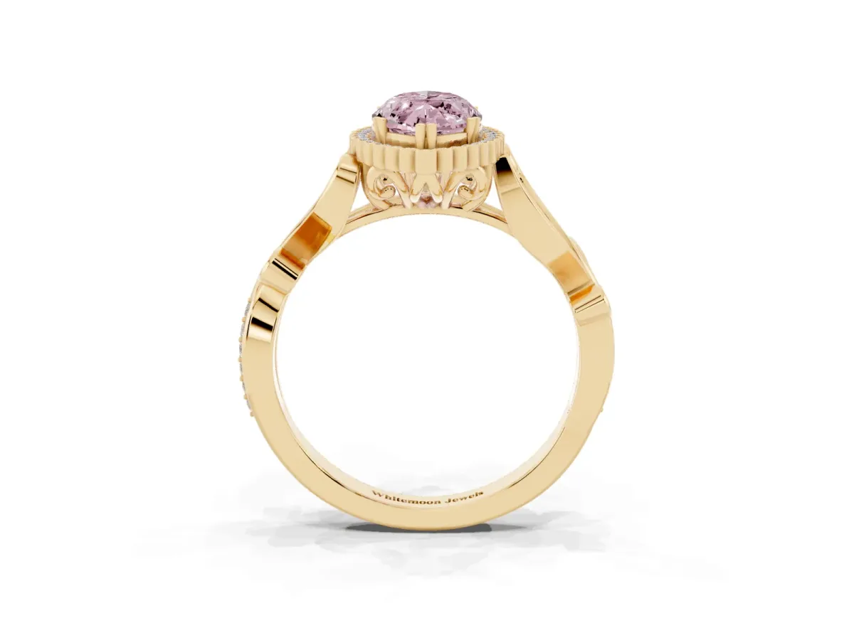 Fancy Pink Marquise Cut Diamond Halo Ring with Vintage Split Shank and Four-Prong Setting Yellow gold