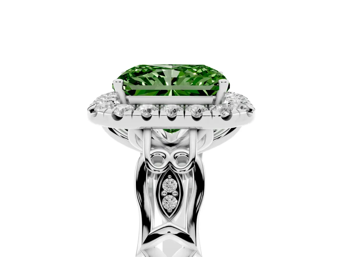 Fancy Green Radiant Cut Halo Diamond Engagement Ring with Filigree Band and Four-Prong Setting Platinum