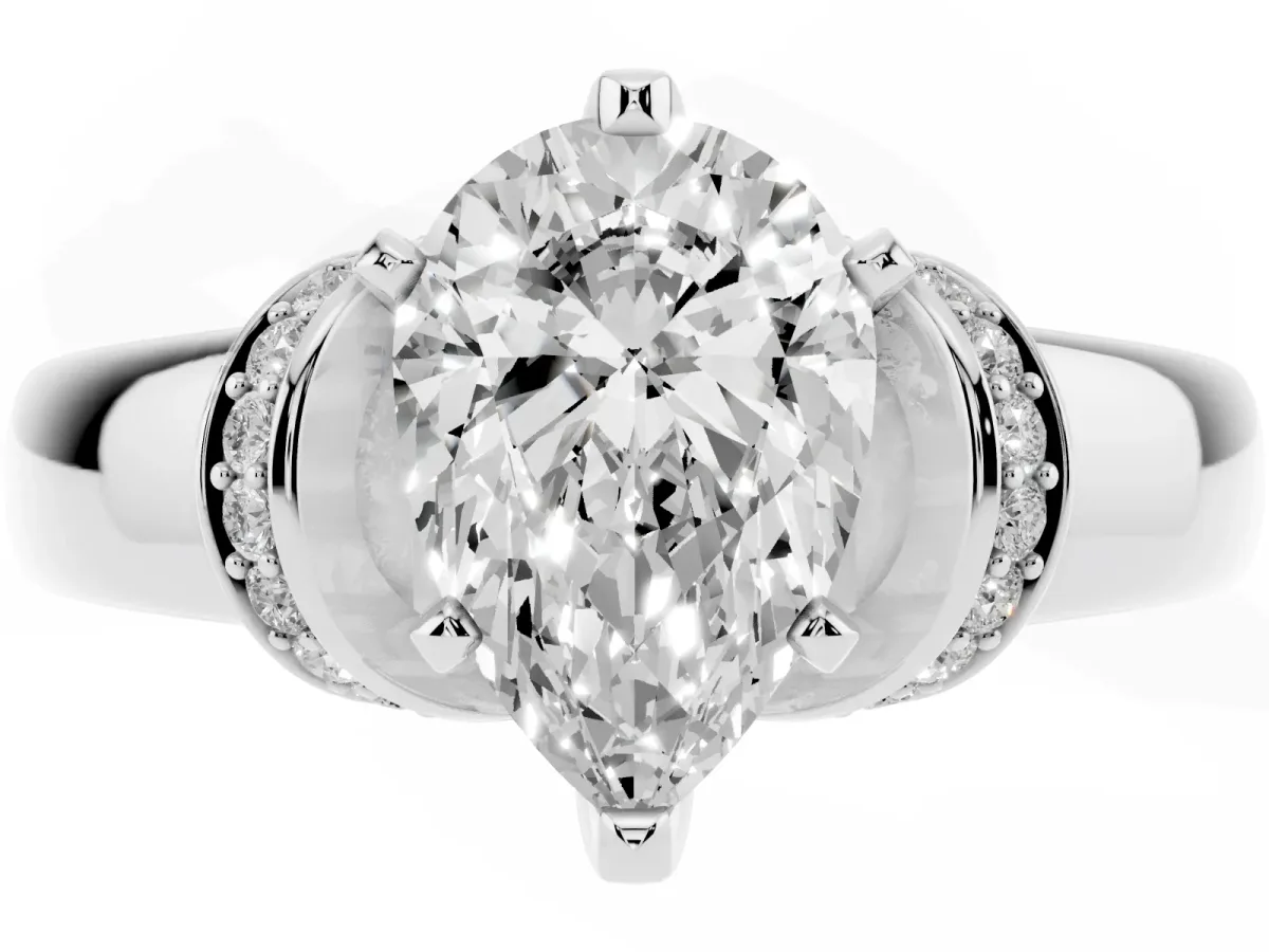 Pear Cut Solitaire Diamond Ring with Pave Band and Six-Prong Setting Silver
