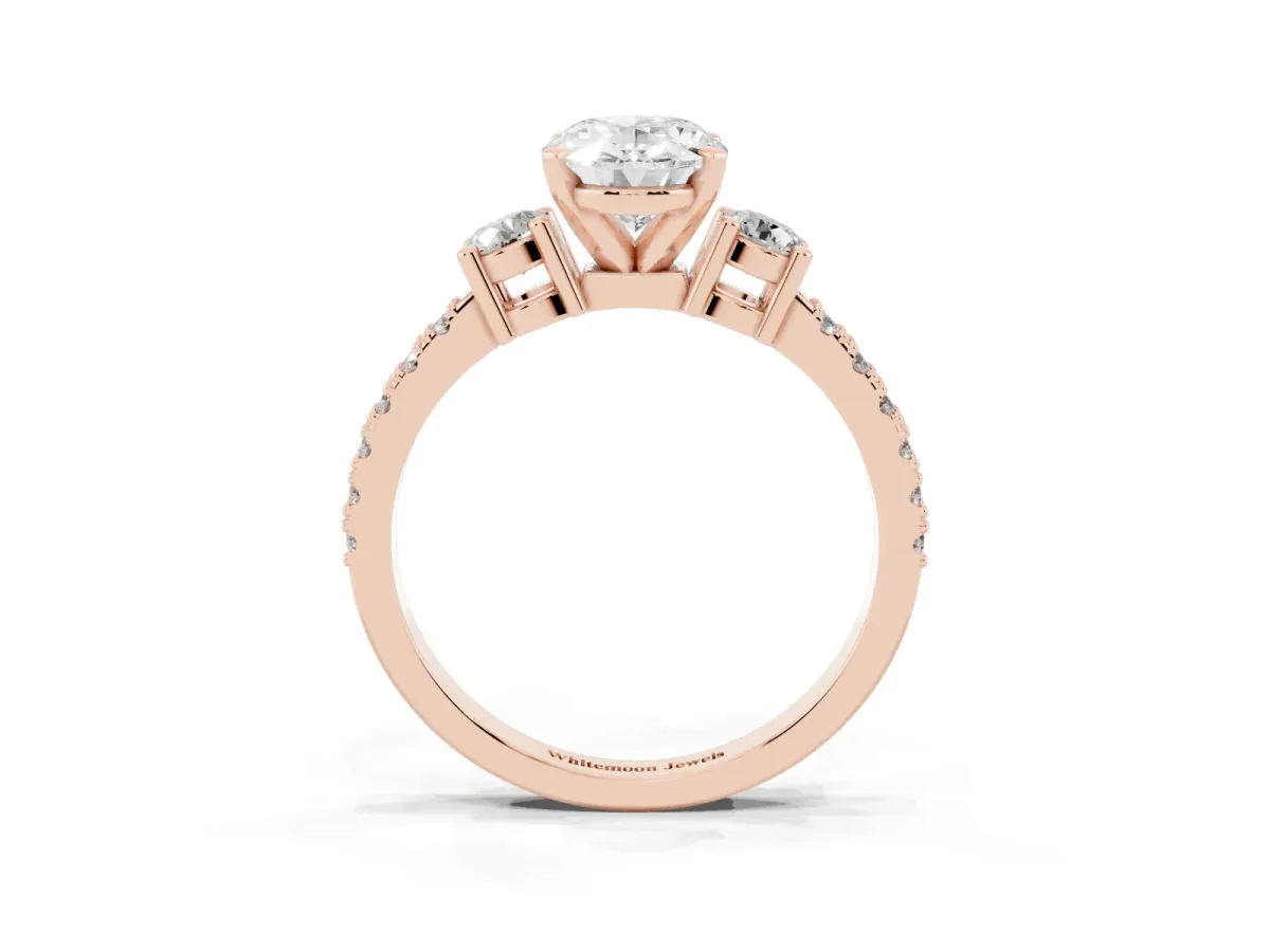 Oval Cut Three-Stone Diamond Pavé Band with Prong Setting Rose gold