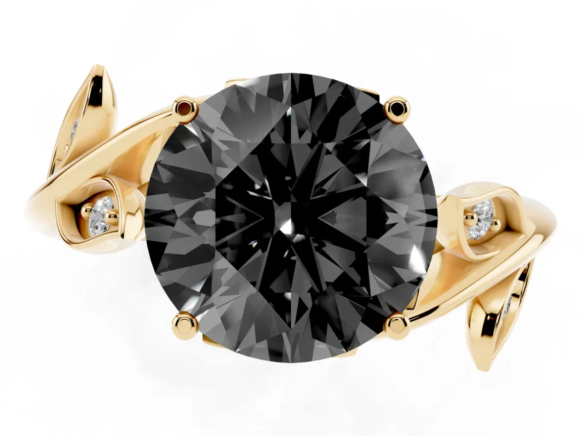 Fancy Black Round Cut Solitaire Twist Engagement Ring with Leaf Accents and Prong Setting Yellow gold