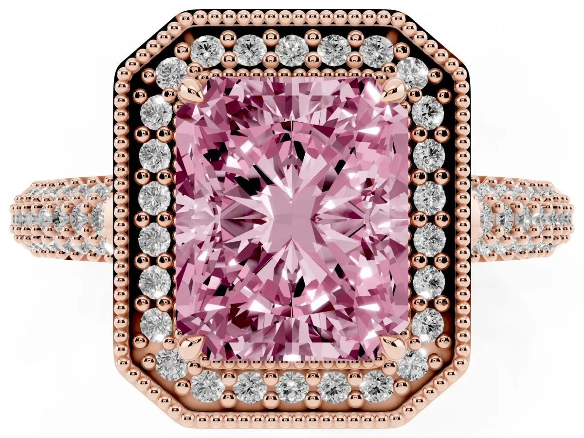 Fancy Pink Radiant Cut Cut Halo Diamond Pave Band with Four-Prong Setting Rose gold