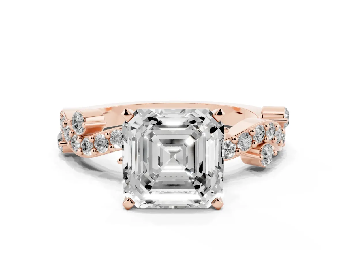 Asscher Cut Cut Solitaire Diamond Twisted Band with Pave Setting Rose gold