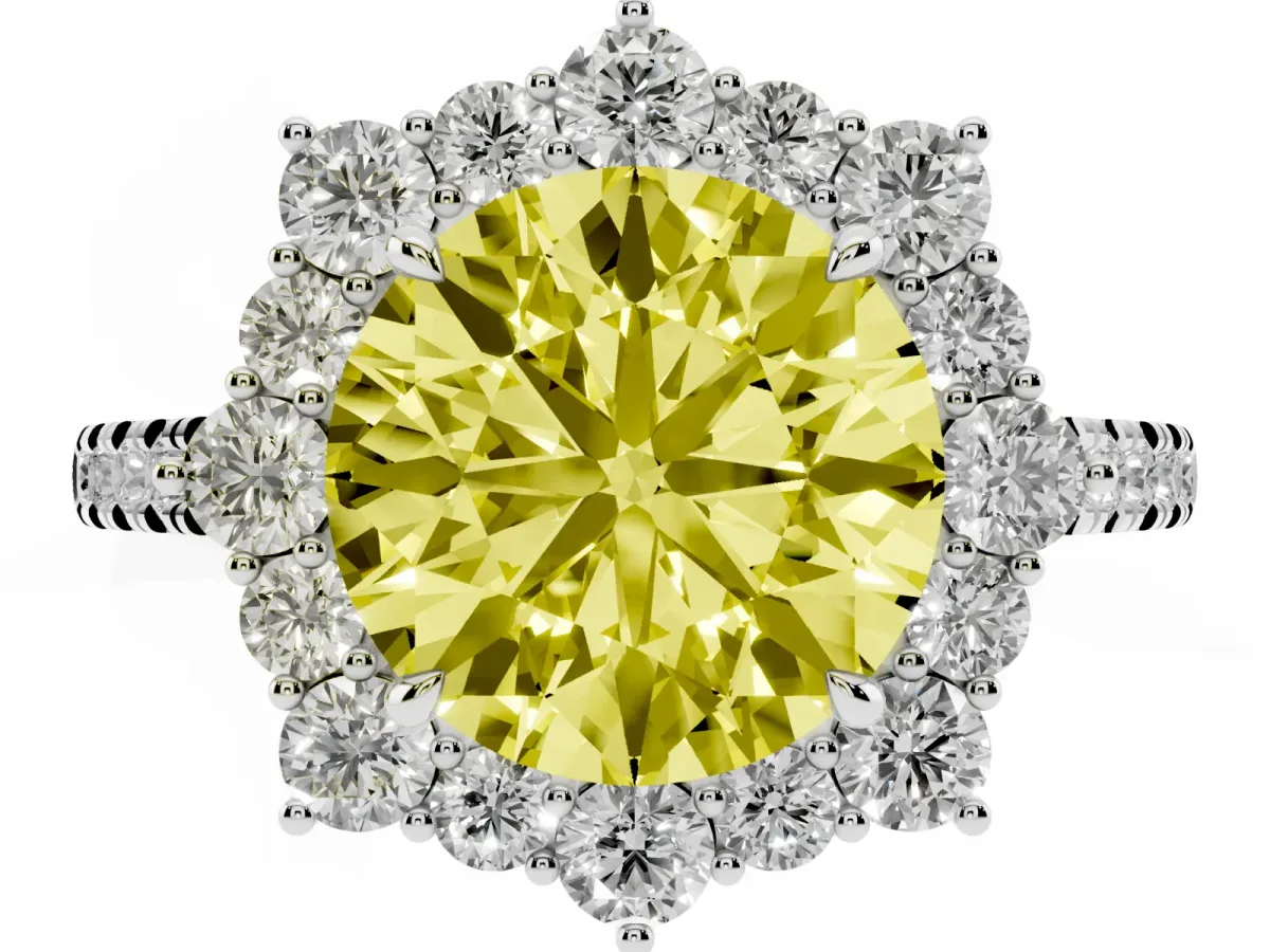 Fancy Yellow Round Cut Halo Diamond Ring with Pavé Band and Prong Setting Silver