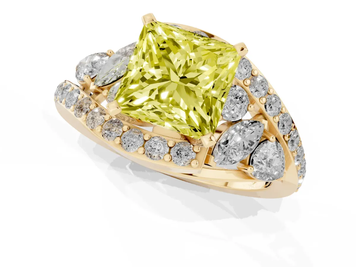 Fancy Yellow Princess Cut Diamond Halo Ring with Marquise and Pavé Band in Prong Setting Yellow gold