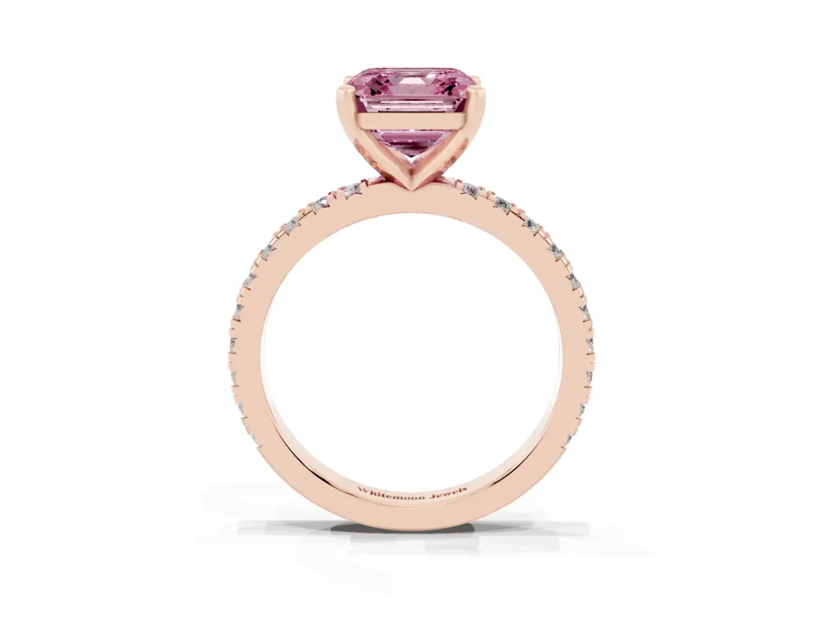 Fancy Pink Asscher Cut Diamond Pavé Band Solitaire with Four-Prong Setting Rose gold
