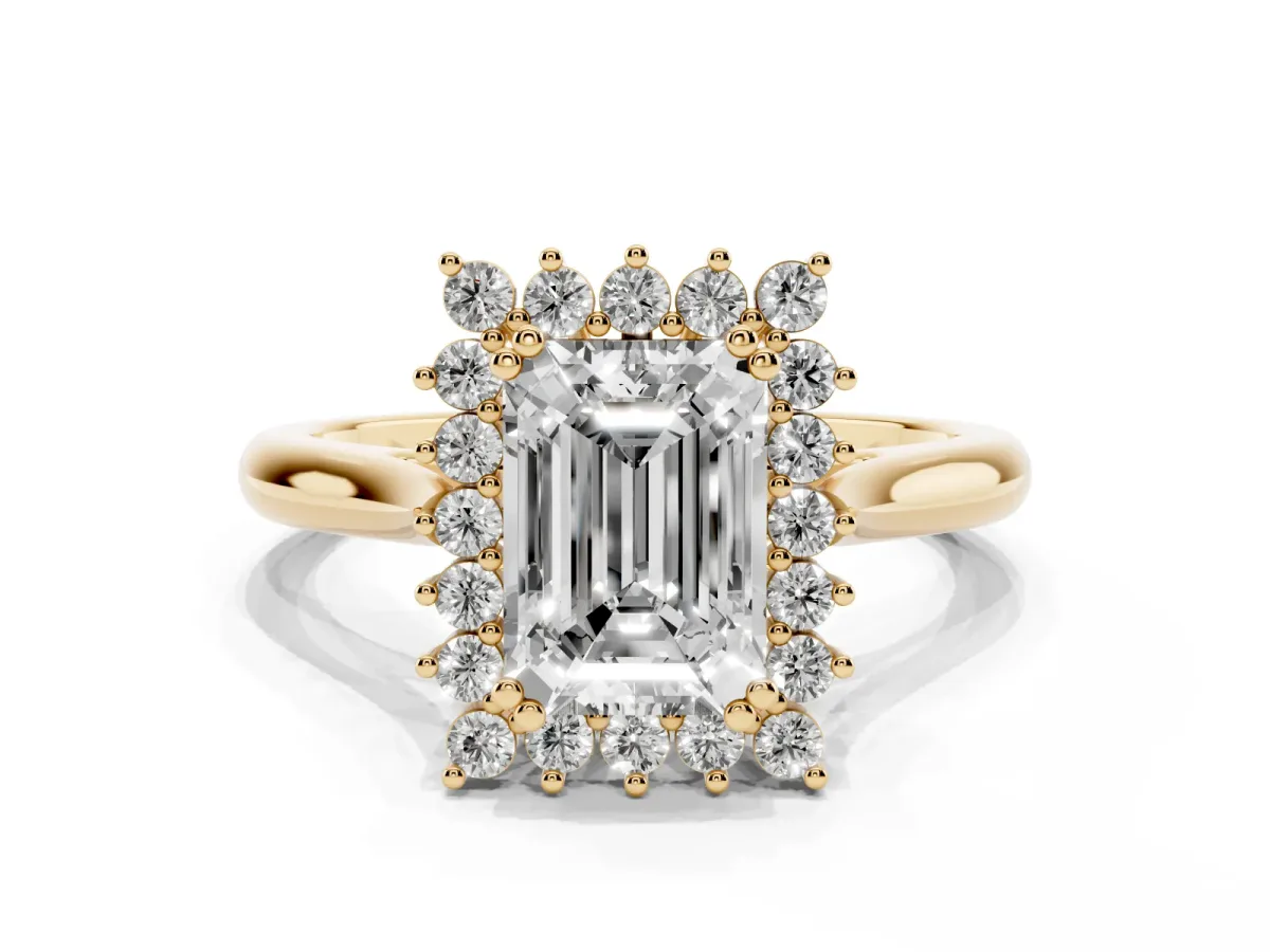 Emerald Cut Cut Diamond Halo Ring with Solitaire Band and Prong Setting Yellow gold
