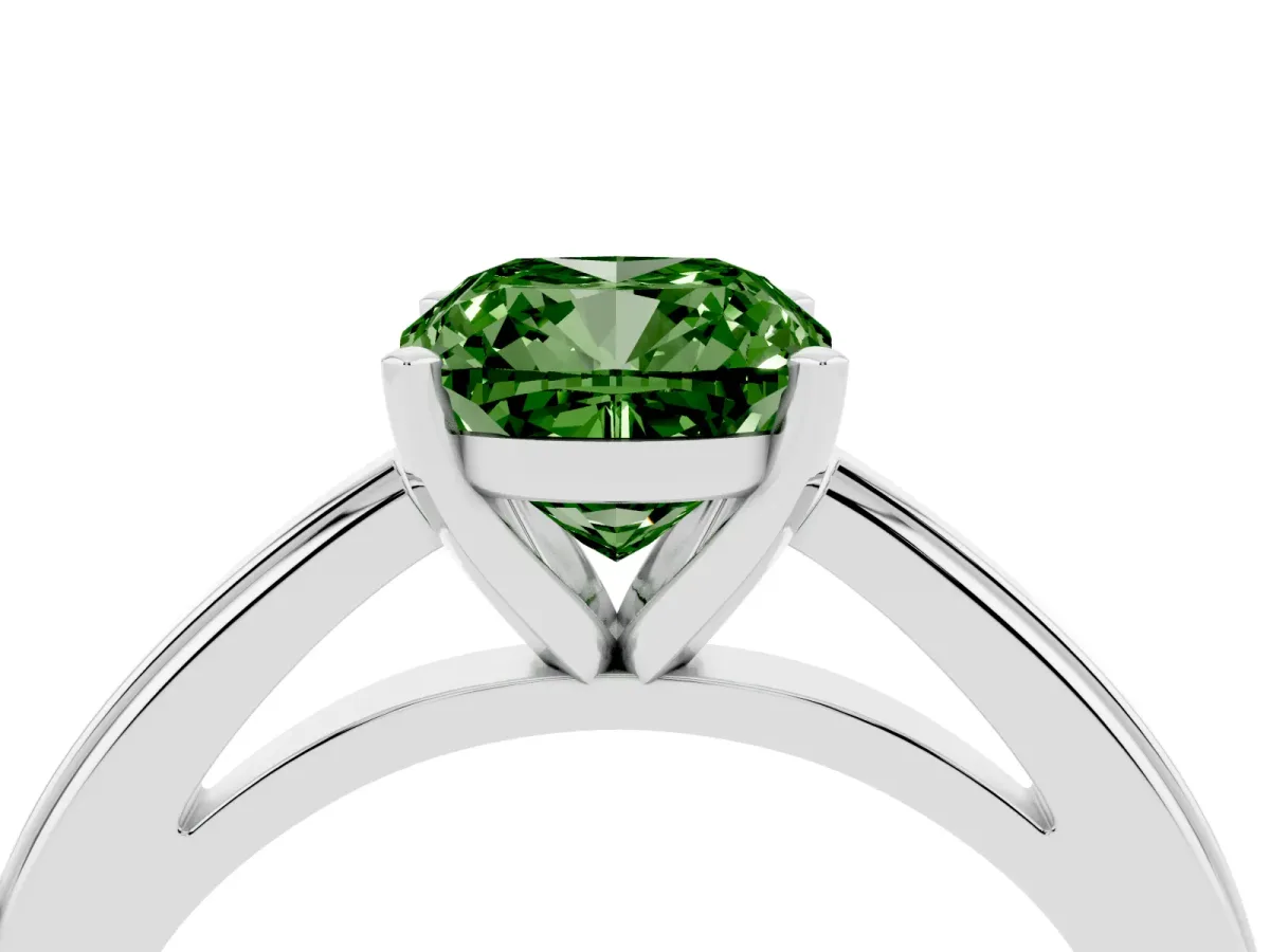 Fancy Green Cushion Cut Solitaire Diamond Ring with Four-Prong Setting and Classic Band Silver