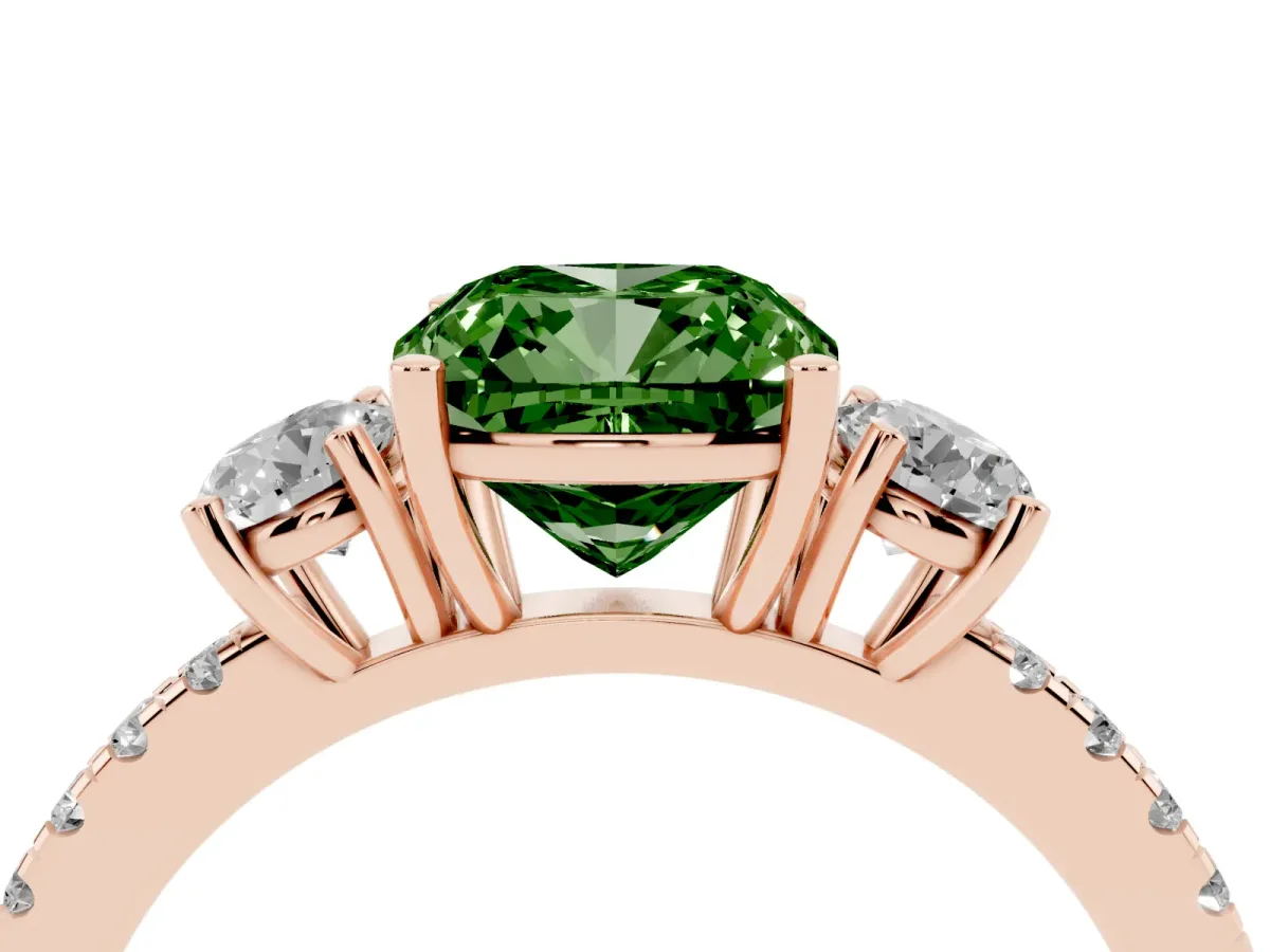 Fancy Green Three-Stone Cushion Cut Cut Diamond Pavé Band with Prong Setting Rose gold