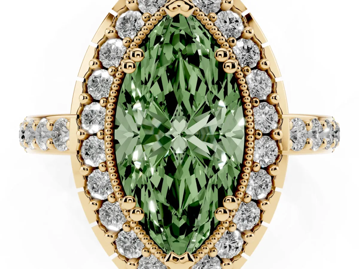 Fancy Green Marquise Cut Diamond Halo Ring with Pavé Band and Prong Setting Yellow gold