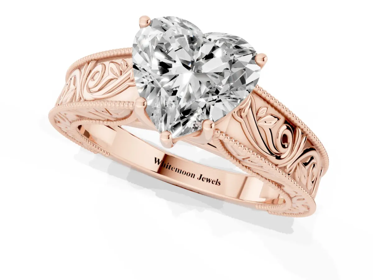 Heart Cut Diamond Solitaire Ring with Engraved Band and Four-Prong Setting Rose gold
