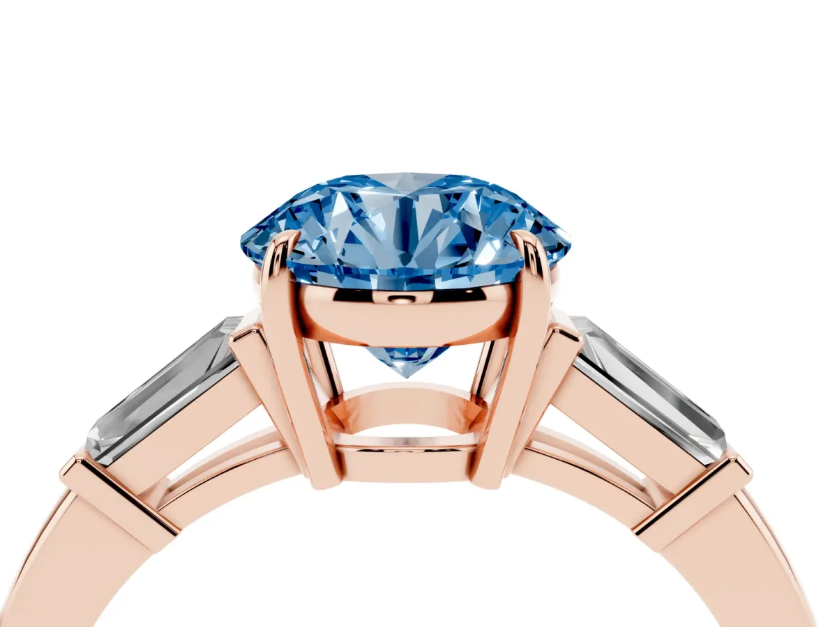 Fancy Blue Round Cut Diamond Three-Stone Ring with Tapered Baguette Side Stones and Prong Setting Rose gold