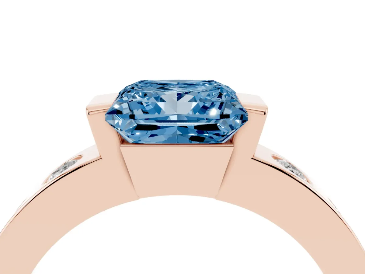Fancy Blue Princess Cut Brilliant Channel-Set Diamond Ring with Bezel Prong Setting Rose gold
