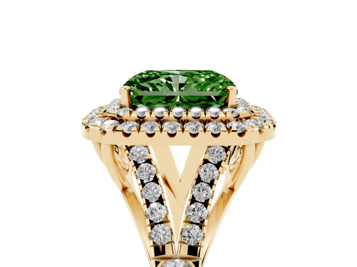 Fancy Green Radiant Cut Cut Double Halo Split Shank Diamond Ring with Prong Setting Yellow gold