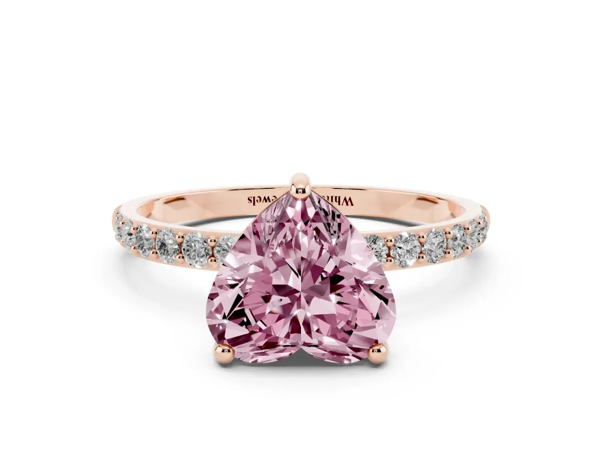 Fancy Pink Heart Cut Diamond Solitaire Ring with Round Pavé Band and Prong Setting Rose gold