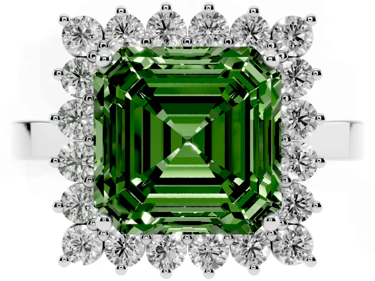 Fancy Green Asscher Cut Cut Diamond Halo Ring with Round Brilliant Halo and Solitaire Band White gold