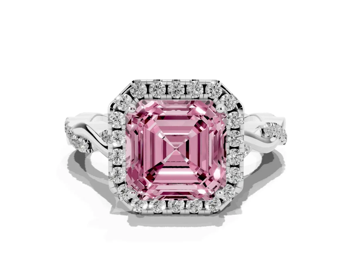 Fancy Pink Asscher Cut Halo Twist Band Solitaire Ring Silver