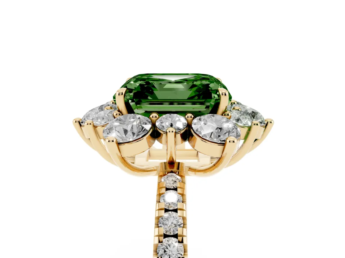 Fancy Green Asscher Cut Diamond Floral Halo Ring with Round Pavé Band and Prong Setting Yellow gold