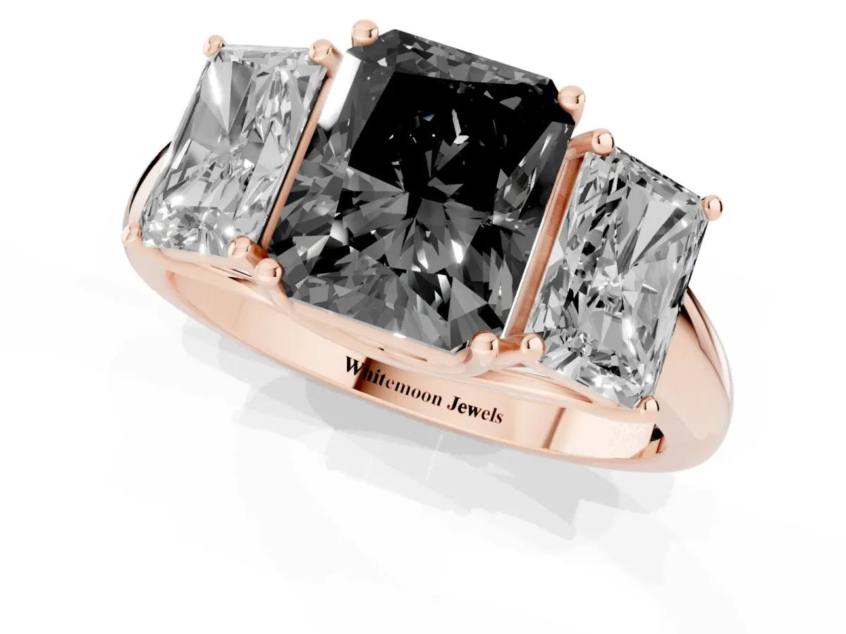 Fancy Black Three-Stone Radiant Cut Diamond Engagement Ring with Prong Setting Rose gold