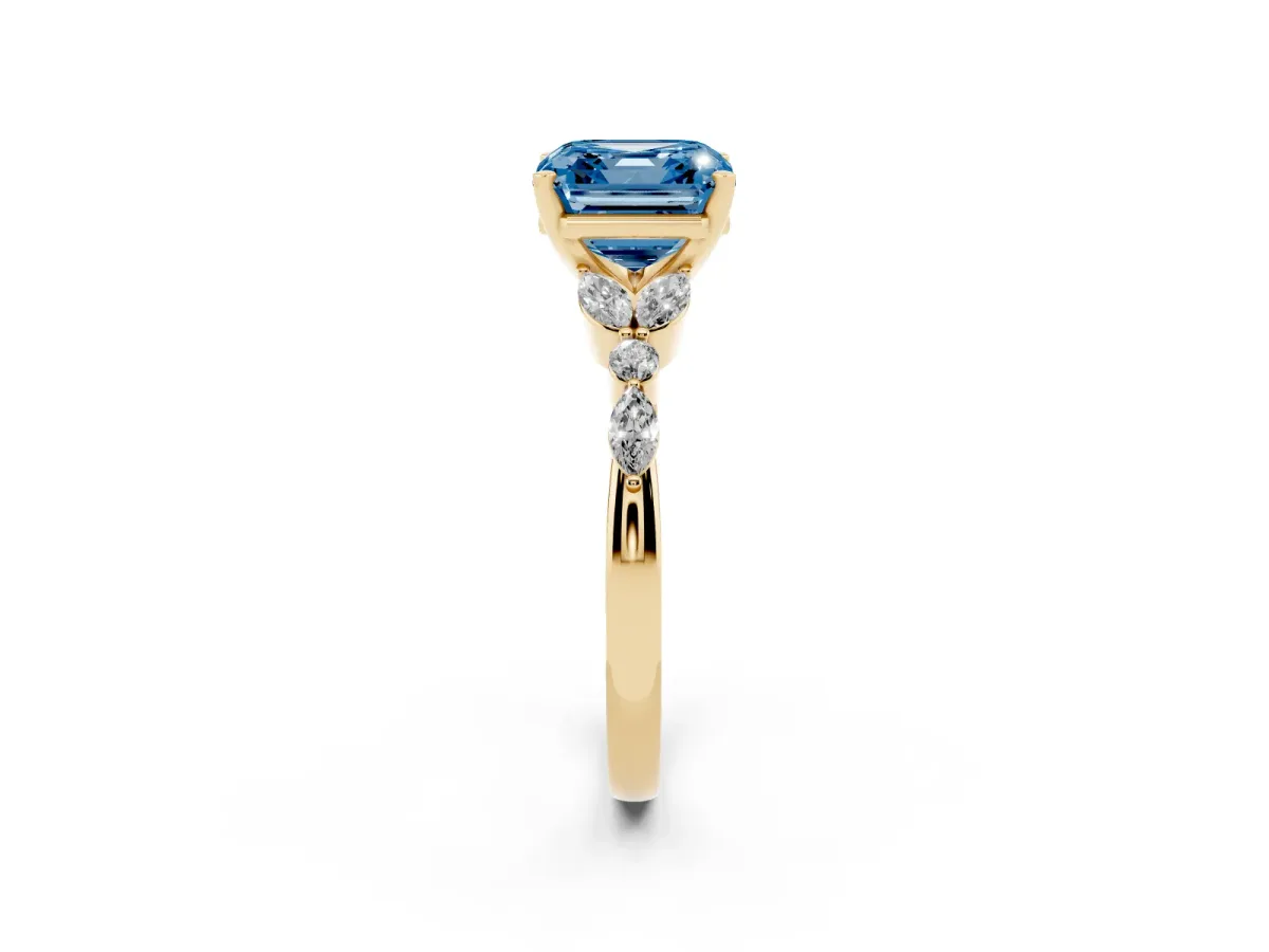 Fancy Blue Asscher Cut Diamond Solitaire Ring with Side Stones and Four-Prong Setting Yellow gold