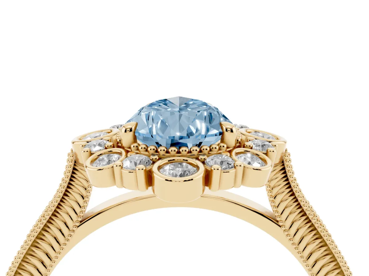 Fancy Blue Pear Cut Halo Milgrain Pave Diamond Ring with Four-Prong Setting Yellow gold