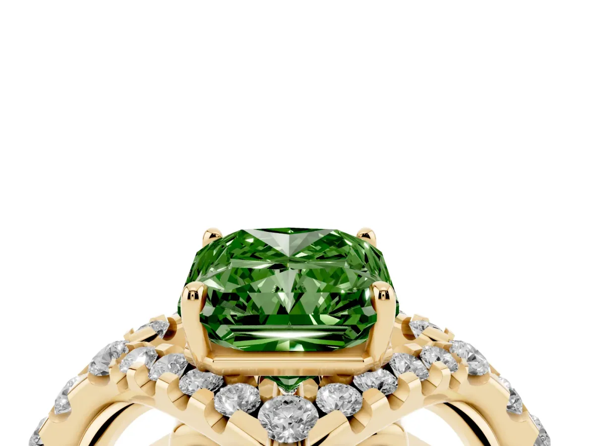 Fancy Green Radiant Cut Diamond Solitaire Ring with Hidden Halo and Pavé Band Yellow gold