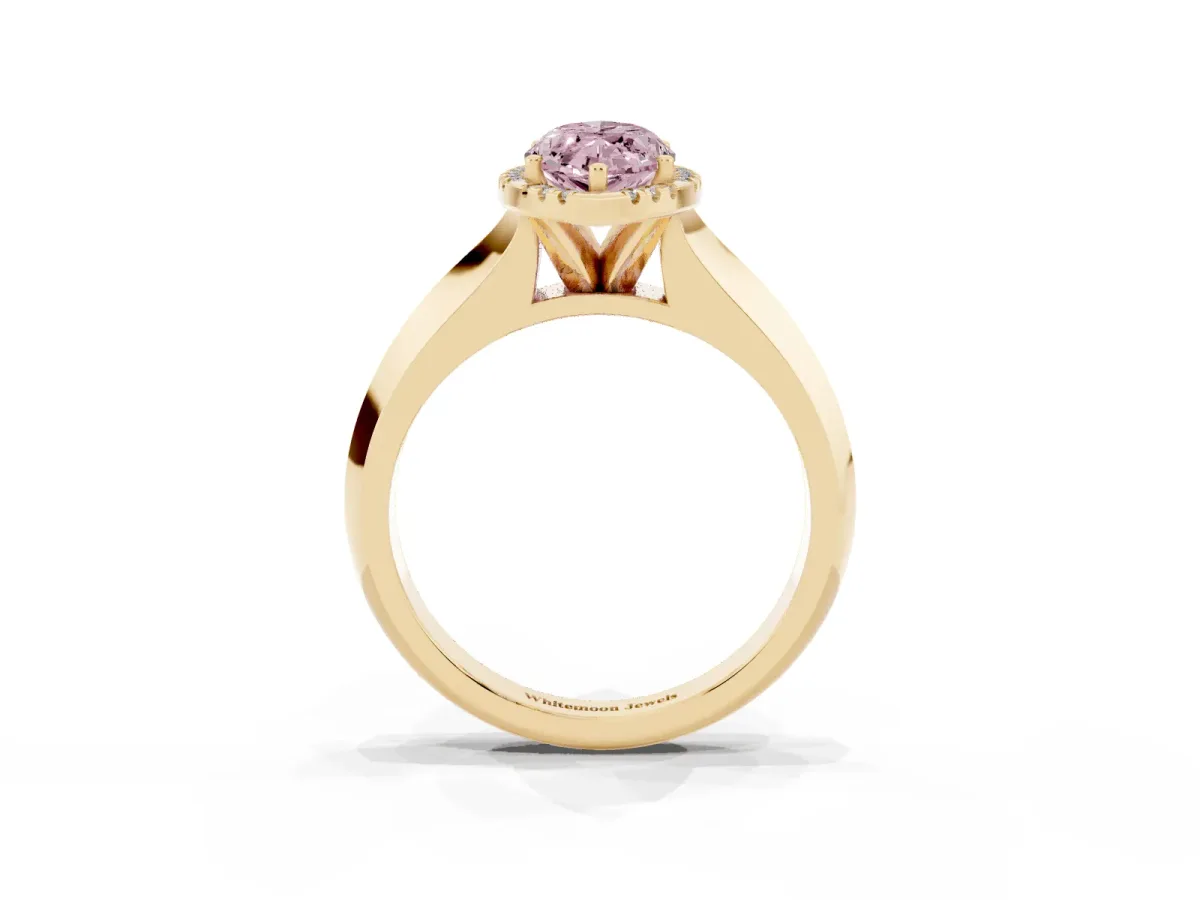 Fancy Pink Marquise Cut Halo Diamond Ring with Cathedral Band and Four-Prong Setting Yellow gold