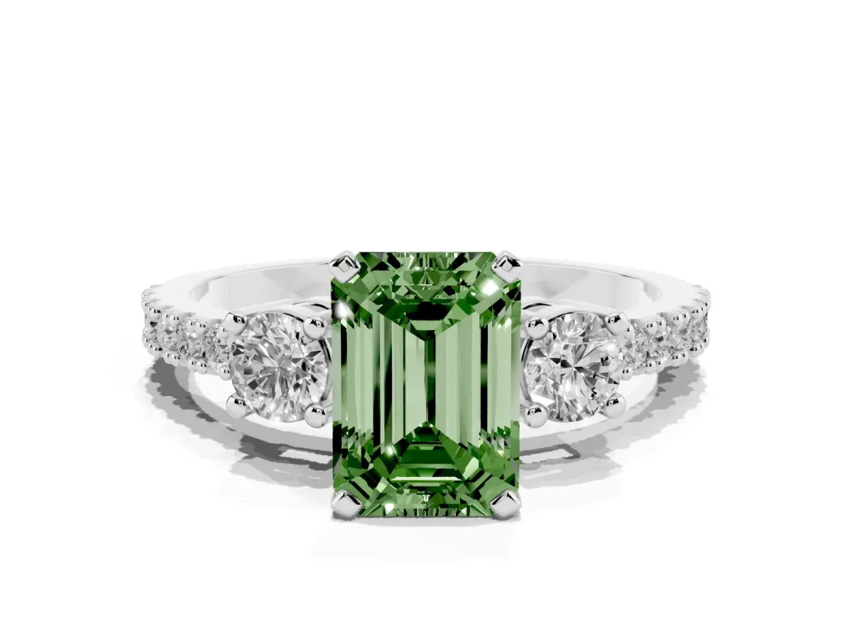 Fancy Green Emerald Cut Three-Stone Diamond Pavé Band with Prong Setting Platinum