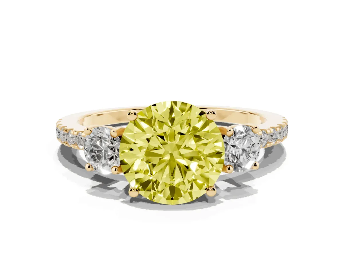 Fancy Yellow Three-Stone Round Cut Cut Diamond Pavé Band with Prong Setting Yellow gold