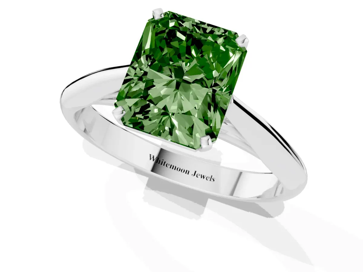 Fancy Green Radiant Cut Diamond Solitaire Engagement Ring with Cathedral Setting and Four-Prong Mount Silver