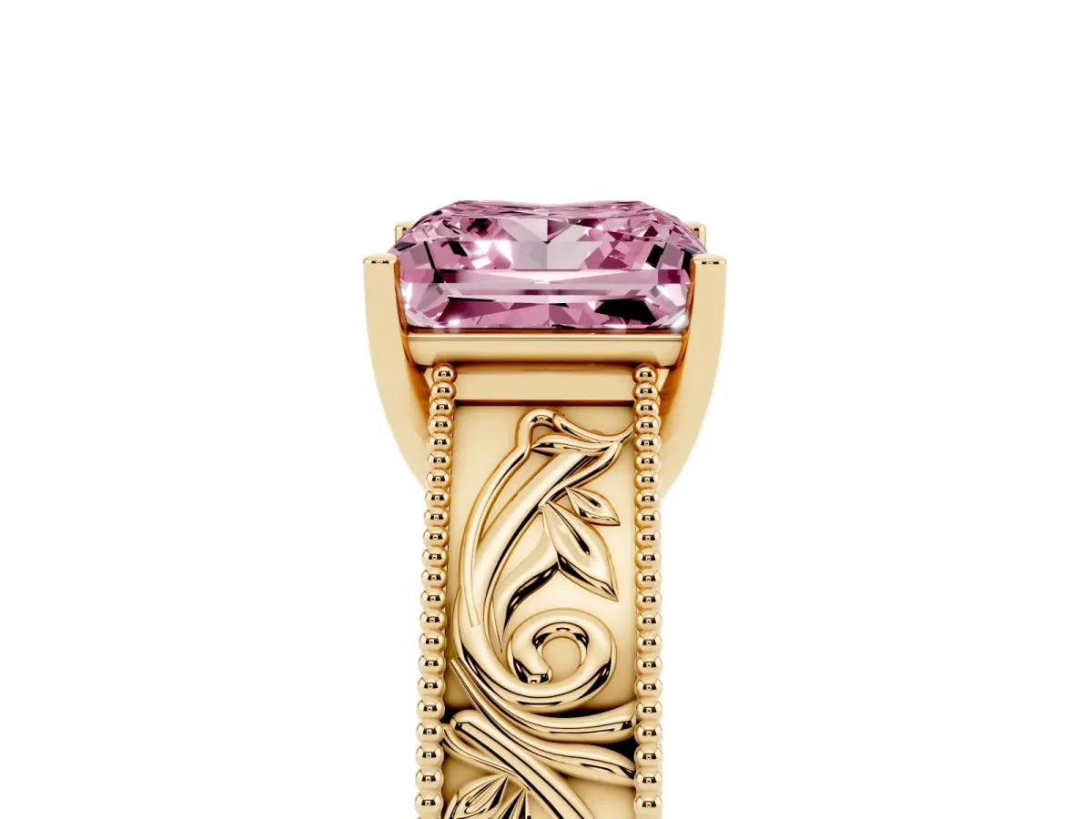 Fancy Pink Princess Cut Diamond Solitaire Ring with Engraved Band and Four-Prong Setting Yellow gold