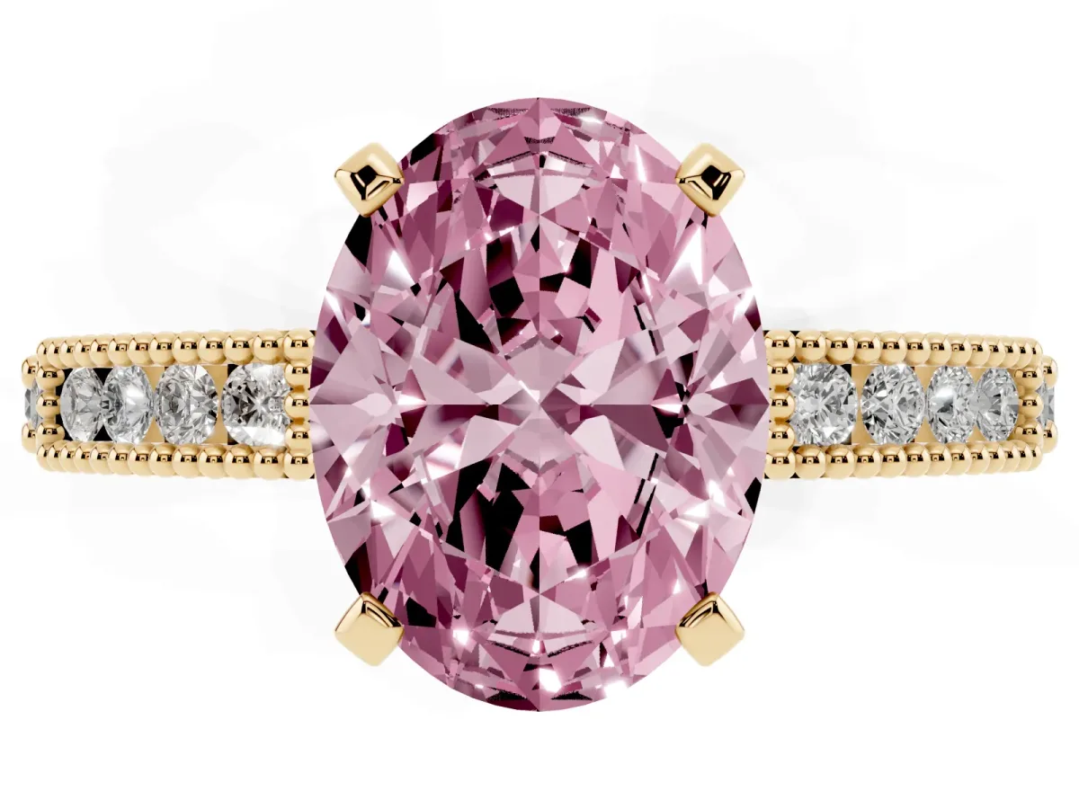 Fancy Pink Oval Cut Solitaire with Pavé Band and Four-Prong Setting Yellow gold